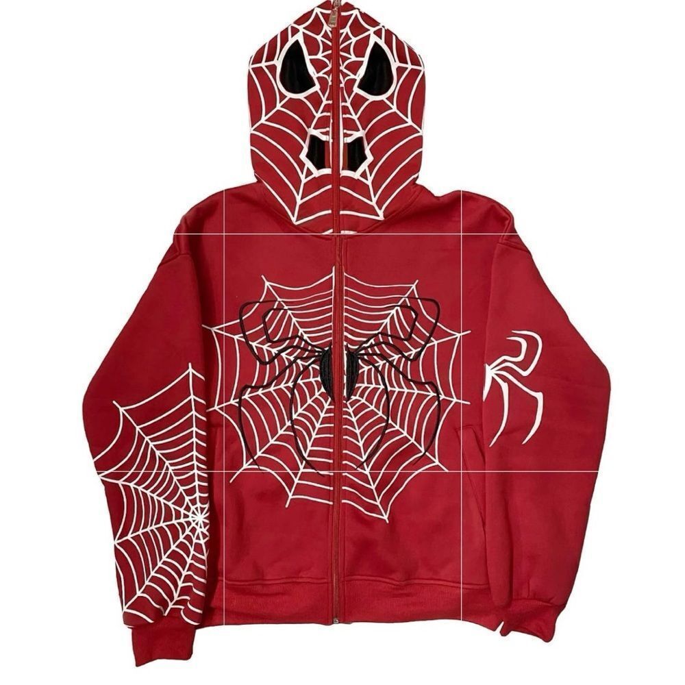 Women’s Full Zip Spider and Spider Web Hoodie Jacket With Mask Red white Black L
